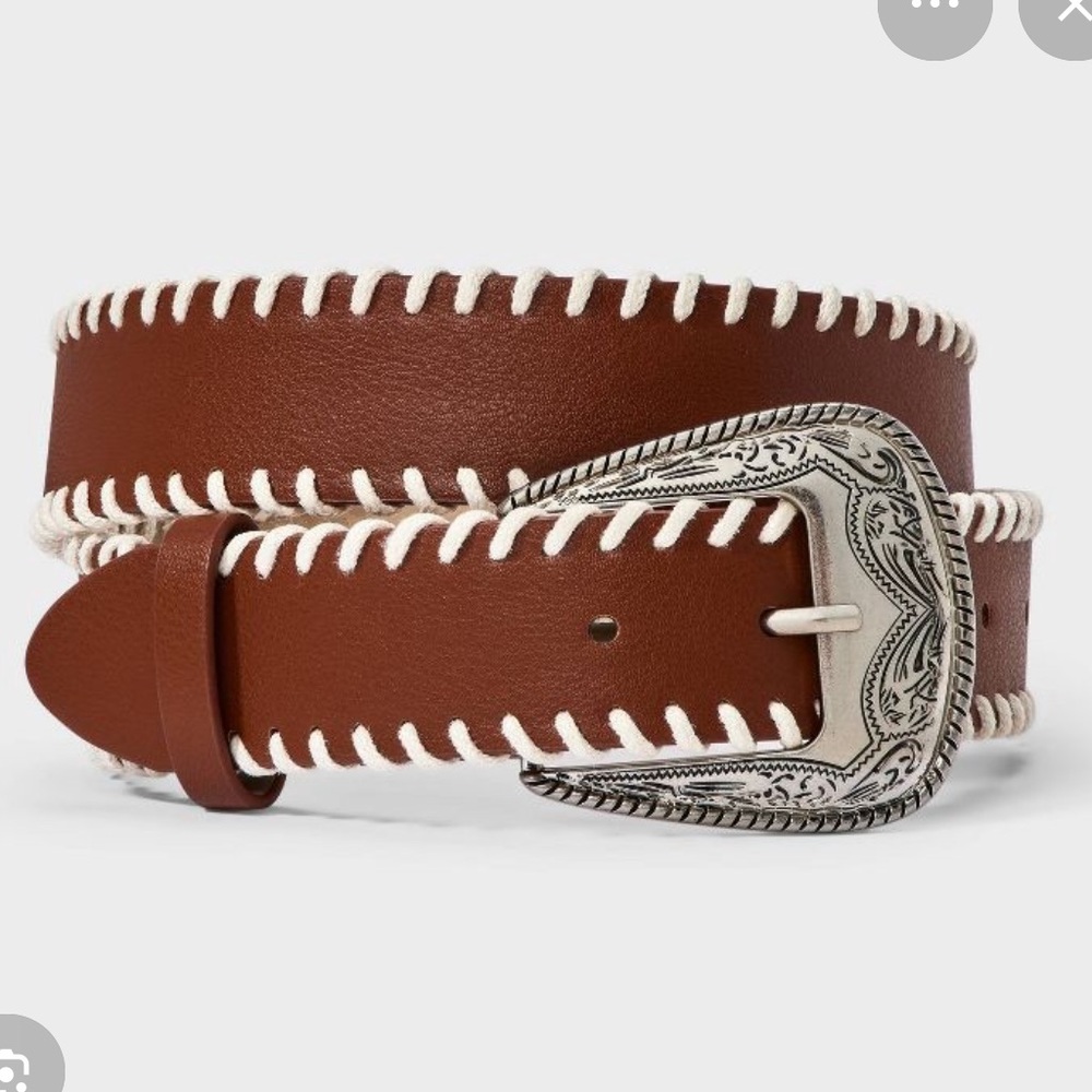 wild fable Brown Western Belt with White Whipstitch and Silver Buckle